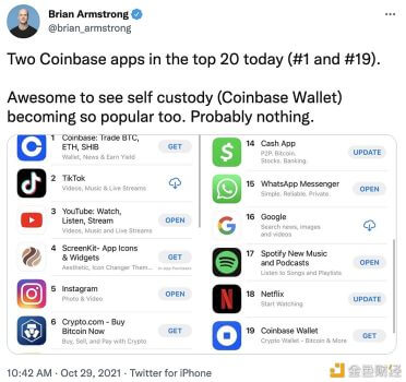 Coinbase及Coinbase Wallet应用程序均进入美国区App Store免费榜排名前20 - 屯币呀