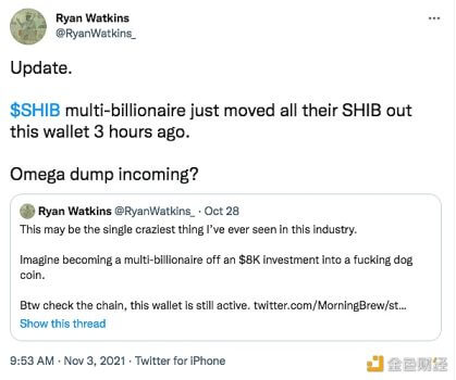 Messari研究主管：SHIB亿万富翁3小时前刚刚将他们所有的SHIB移出了这个钱包 - 屯币呀