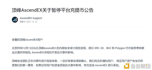 顶峰AscendEX称部分代币被异常转出热钱包，现已暂停充提币 - 屯币呀
