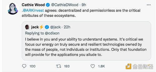 Cathie Wood支持Jack Dorsey：免许可和去中心化是加密生态关键属性 - 屯币呀