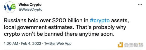 Weiss Crypto:俄罗斯人持有超过2000亿美元的加密货币资产 - 屯币呀