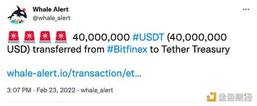 4000万枚USDT从Bitfinex交易所转入Tether财政部 - 屯币呀