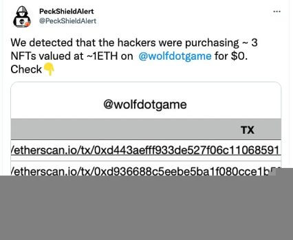 Peck Shield：黑客在Wolf Game上以0美元的价格购买了3 个价值约1 ETH的NFT - 屯币呀
