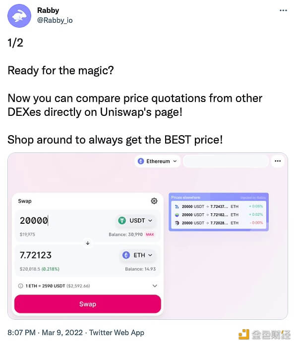 DeBank开发的插件钱包Rabby新增DEX价格比较功能 - 屯币呀