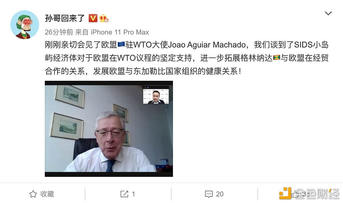 孙宇晨会见欧盟驻WTO大使,进一步拓展格林纳达与欧盟在经贸合作的关系 - 屯币呀
