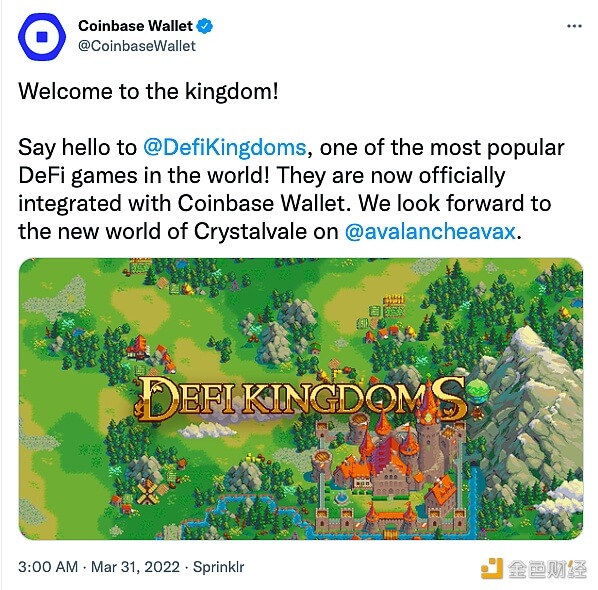 Coinbase钱包正式集成DeFi链游DeFi Kingdoms - 屯币呀