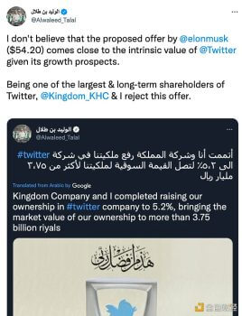 推特大股东沙特王子Waleed：马斯克低估了推特价值，我将拒绝收购提案 - 屯币呀
