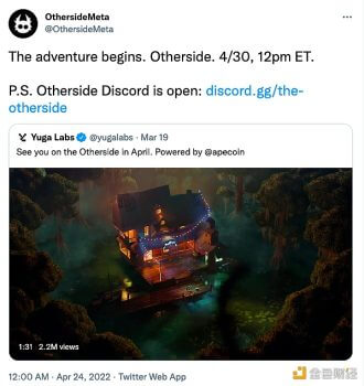 Yuga Labs新项目Otherside宣布将于5月1日零时启动 - 屯币呀