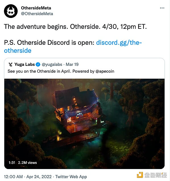 Yuga Labs新项目Otherside宣布将于5月1日零时启动 - 屯币呀
