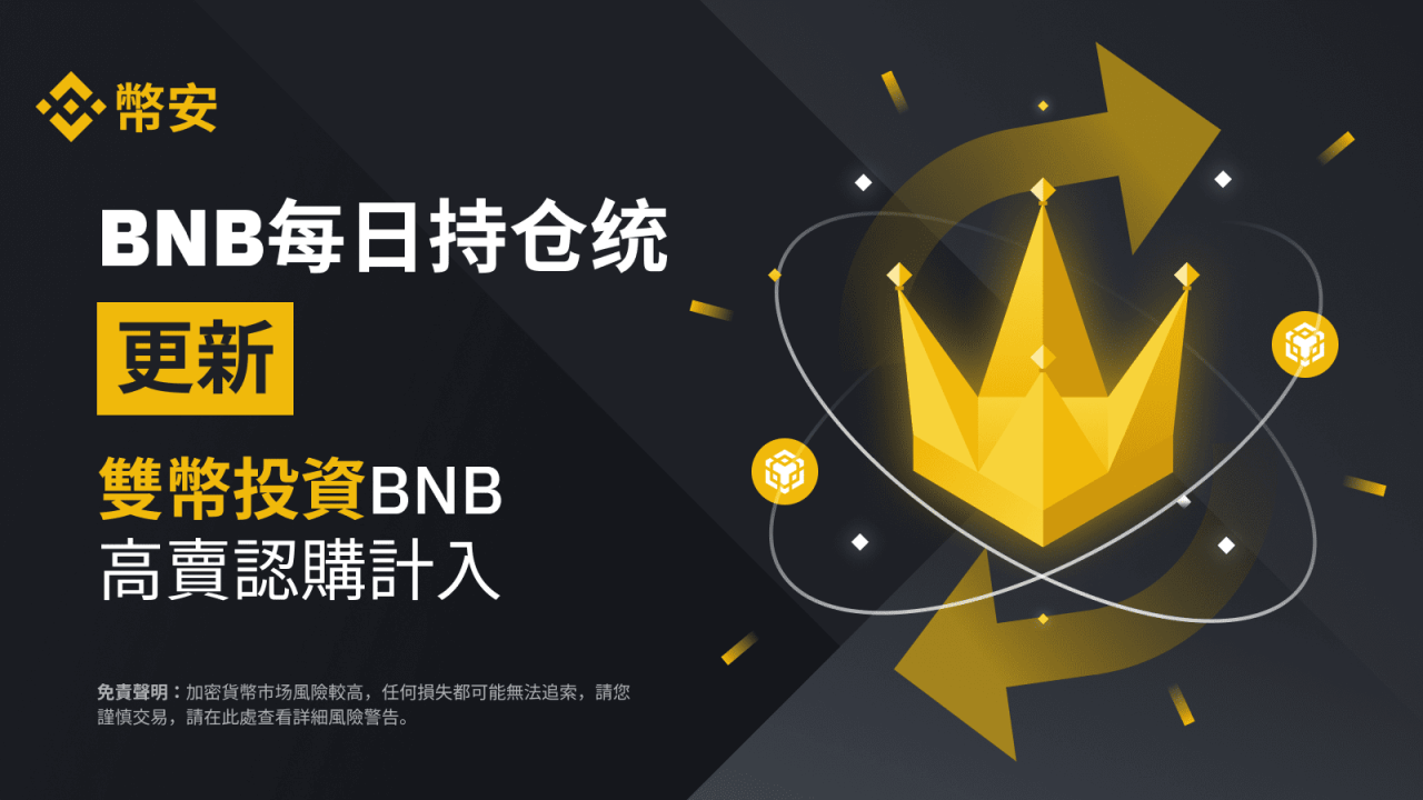 币安：双币投资高卖认购的BNB资产，将计入BNB每日持仓 - 屯币呀