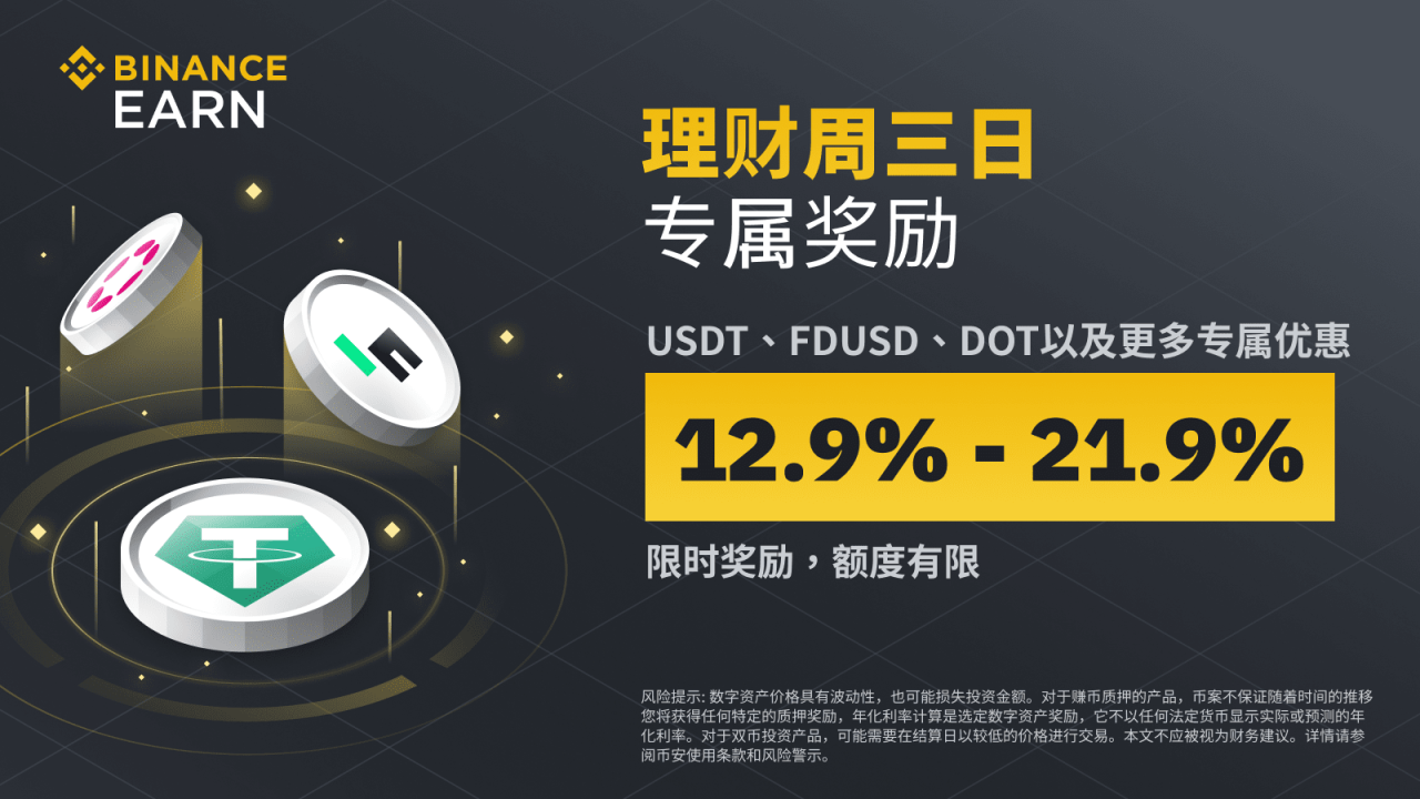 币安周三理财日:USDT、FDUSD、DOT等专属奖励,最高享21.9%年化收益(2023-11-01) - 屯币呀